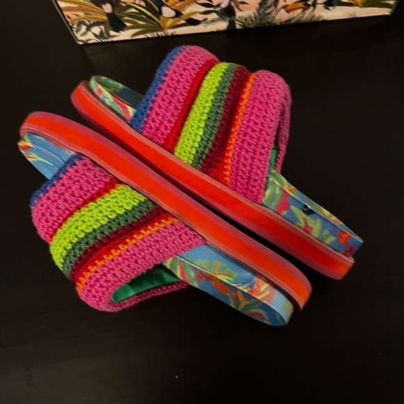 Farm Rio Womens Blue Macaw Crochet Anatomic Slide Sandals Made In Brazil Size 10 - Picture 8 of 10